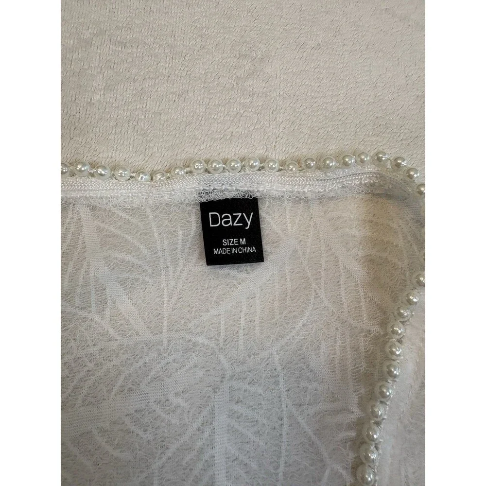 Dazy Sheer White Pearl Trim Bolero Shrug Cropped Puff Sleeve Cardigan M